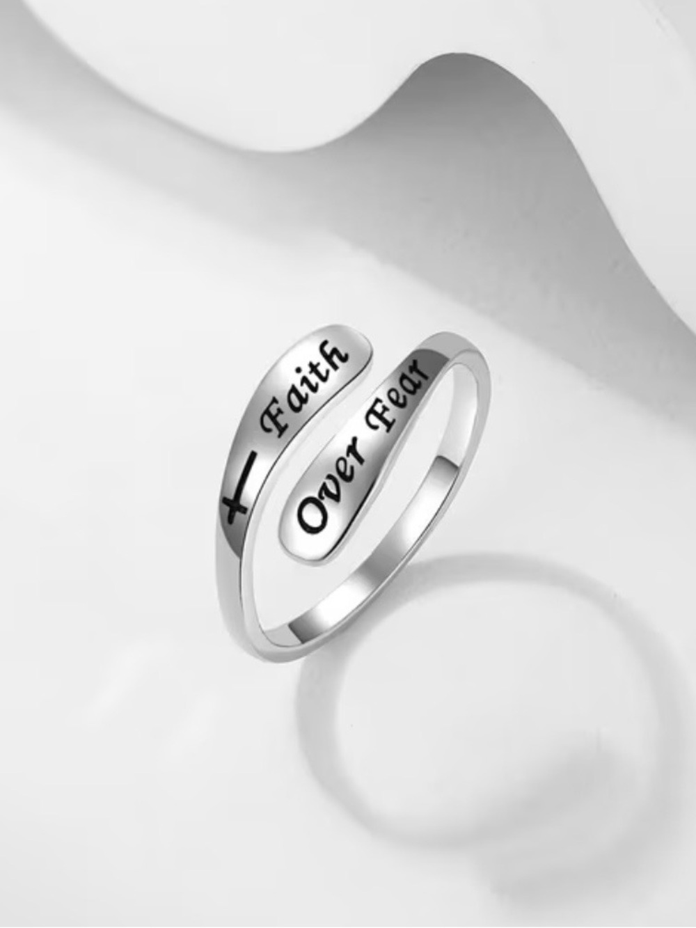 Faith Over Fear Silver Inspirational Wrap Ring Adjustable Size 6-9